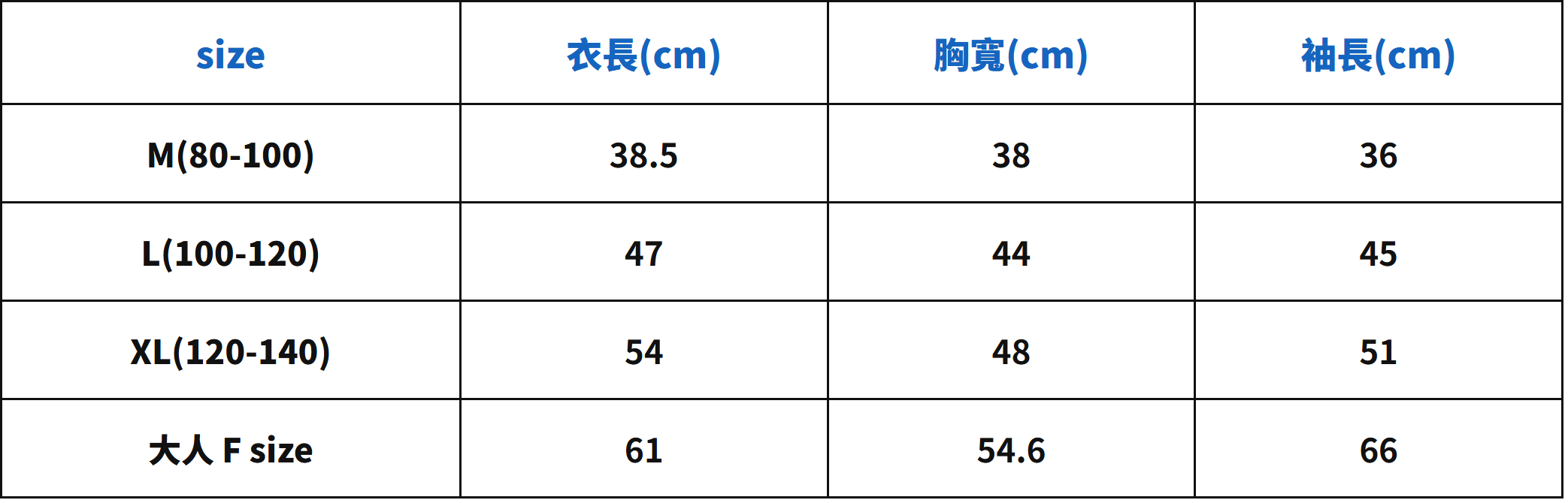 富士山針織外套尺寸表與量測位置-尺寸數字表